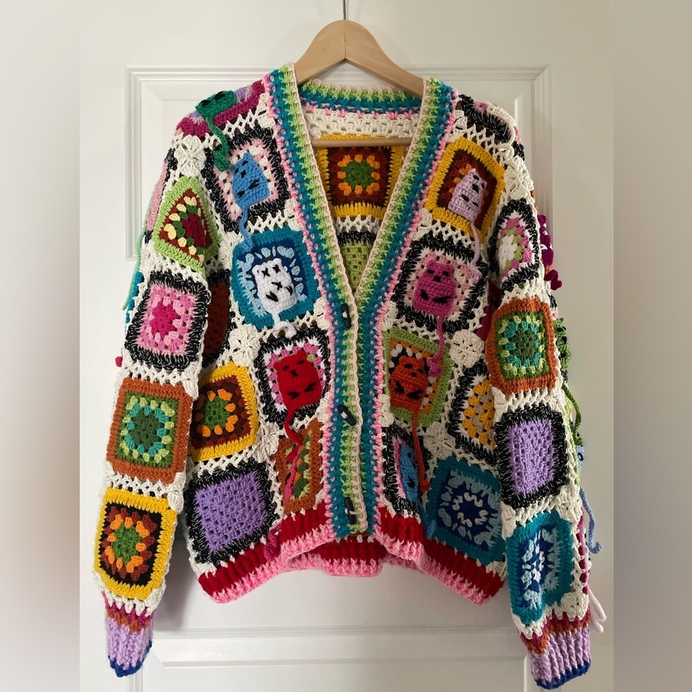 Hand knit Crochet Afghan Patchwork Toggle Cat Cardigan, Women’s Size Large